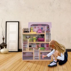 Puppenhaus 4 Etagen Puppenstube Barbie Haus mit Möbeln Holz 60,5 x 29.5 x 81 cm