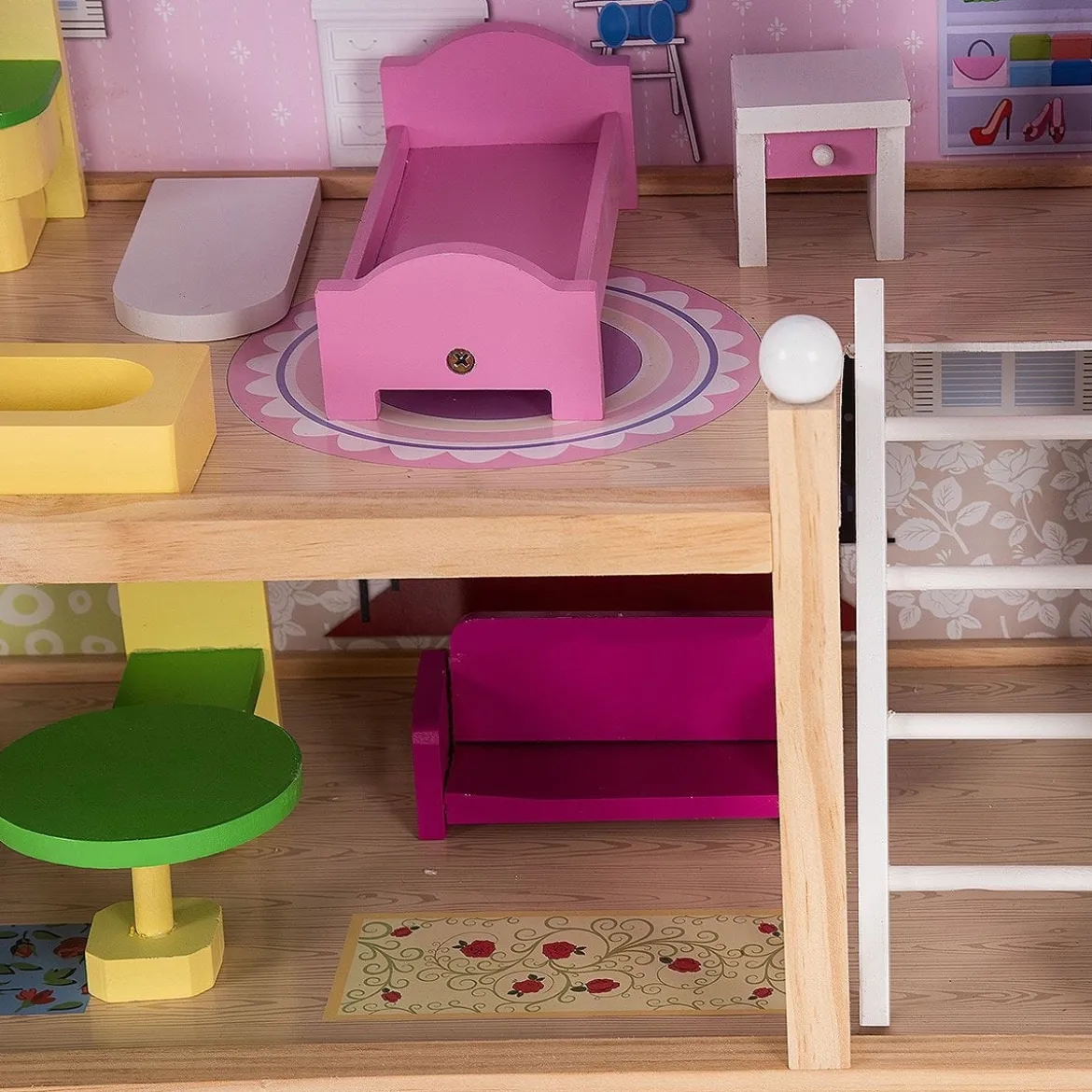 Puppenhaus 4 Etagen Puppenstube Barbie Haus mit Möbeln Holz 60,5 x 29.5 x 81 cm