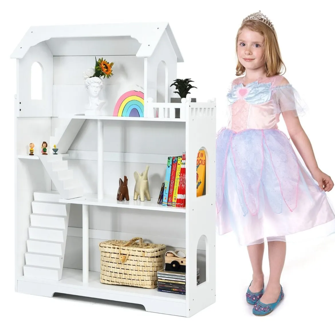 Puppenhaus Holz 2 in 1 Barbie Haus Kinder Bücherregal mit Zubehöre mit Speicherplatz Kindergeschenk