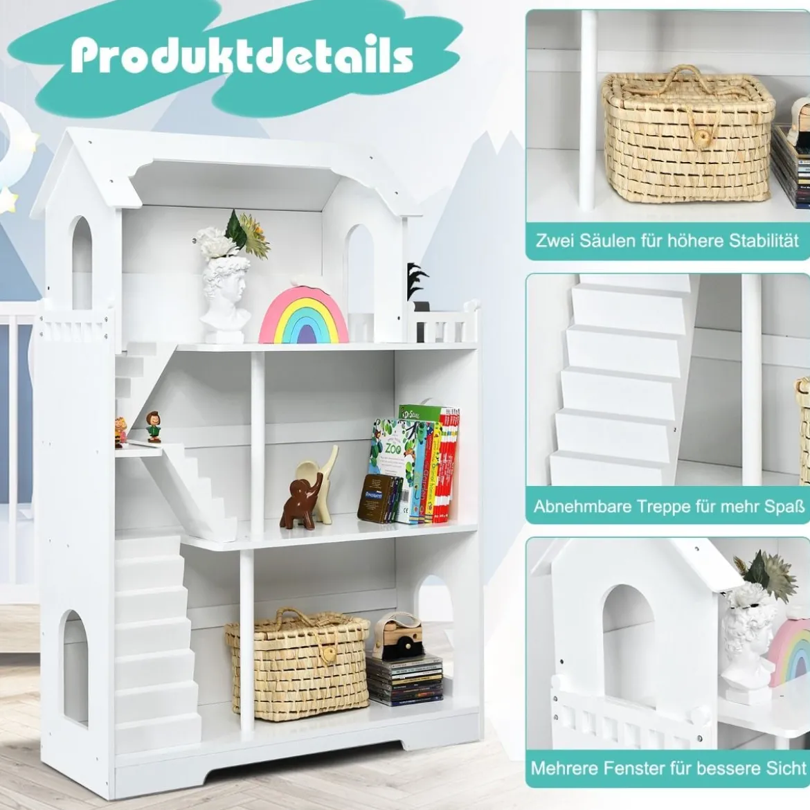 Puppenhaus Holz 2 in 1 Barbie Haus Kinder Bücherregal mit Zubehöre mit Speicherplatz Kindergeschenk