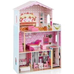 Puppenhaus Holz Puppenstube mit Zubehör & Möbeln 70 x 30 x 108 cm Rosa