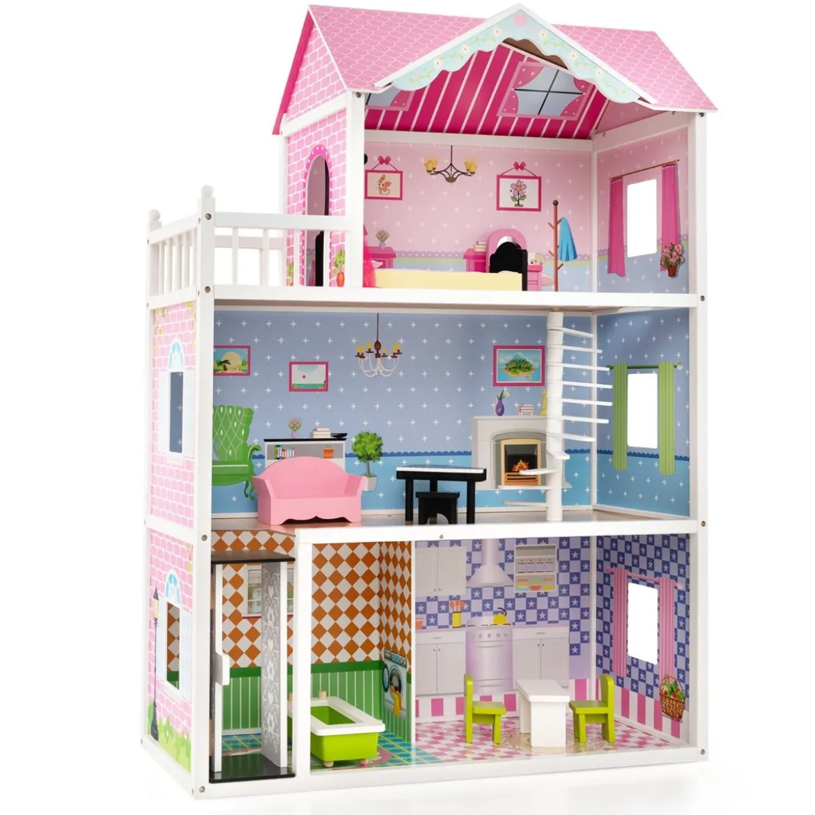 Puppenhaus Holz Puppenstube mit Möbeln & Zubehör 3 stöckiges Dollhouse Spielzeug 80 x 33 x 114 cm