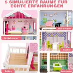Puppenhaus Holz Puppenstube mit Möbeln & Zubehör 3 stöckiges Dollhouse Spielzeug 80 x 33 x 114 cm