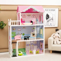 Puppenhaus Holz Puppenstube mit Möbeln & Zubehör 3 stöckiges Dollhouse Spielzeug 80 x 33 x 114 cm