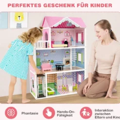 Puppenhaus Holz Puppenstube mit Möbeln & Zubehör 3 stöckiges Dollhouse Spielzeug 80 x 33 x 114 cm