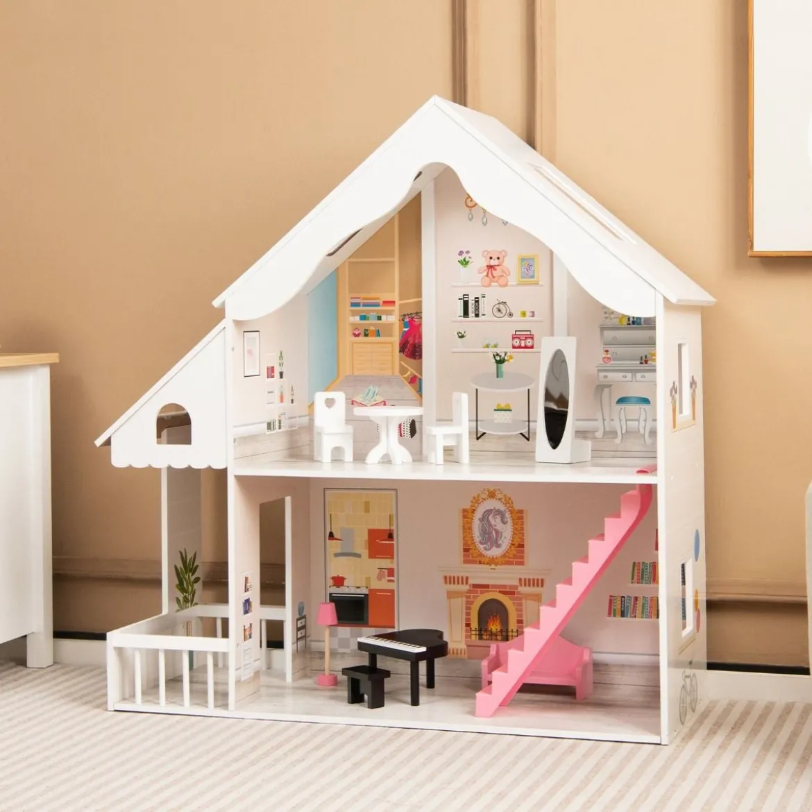 Puppenhaus Holz 2 stöckige Puppenstube mit Zubehör & Möbeln 81 x 30 x 86 cm Weiß
