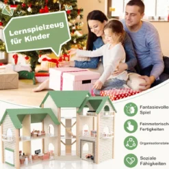 Puppenhaus mit Grünem Dach & 36 Zubehörteilen Spielset „Eckvilla“ aus Holz DIY Traumhaus