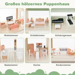 Puppenhaus mit Grünem Dach & 36 Zubehörteilen Spielset „Eckvilla“ aus Holz DIY Traumhaus