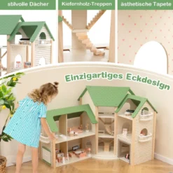 Puppenhaus mit Grünem Dach & 36 Zubehörteilen Spielset „Eckvilla“ aus Holz DIY Traumhaus