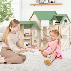 Puppenhaus mit Grünem Dach & 36 Zubehörteilen Spielset „Eckvilla“ aus Holz DIY Traumhaus