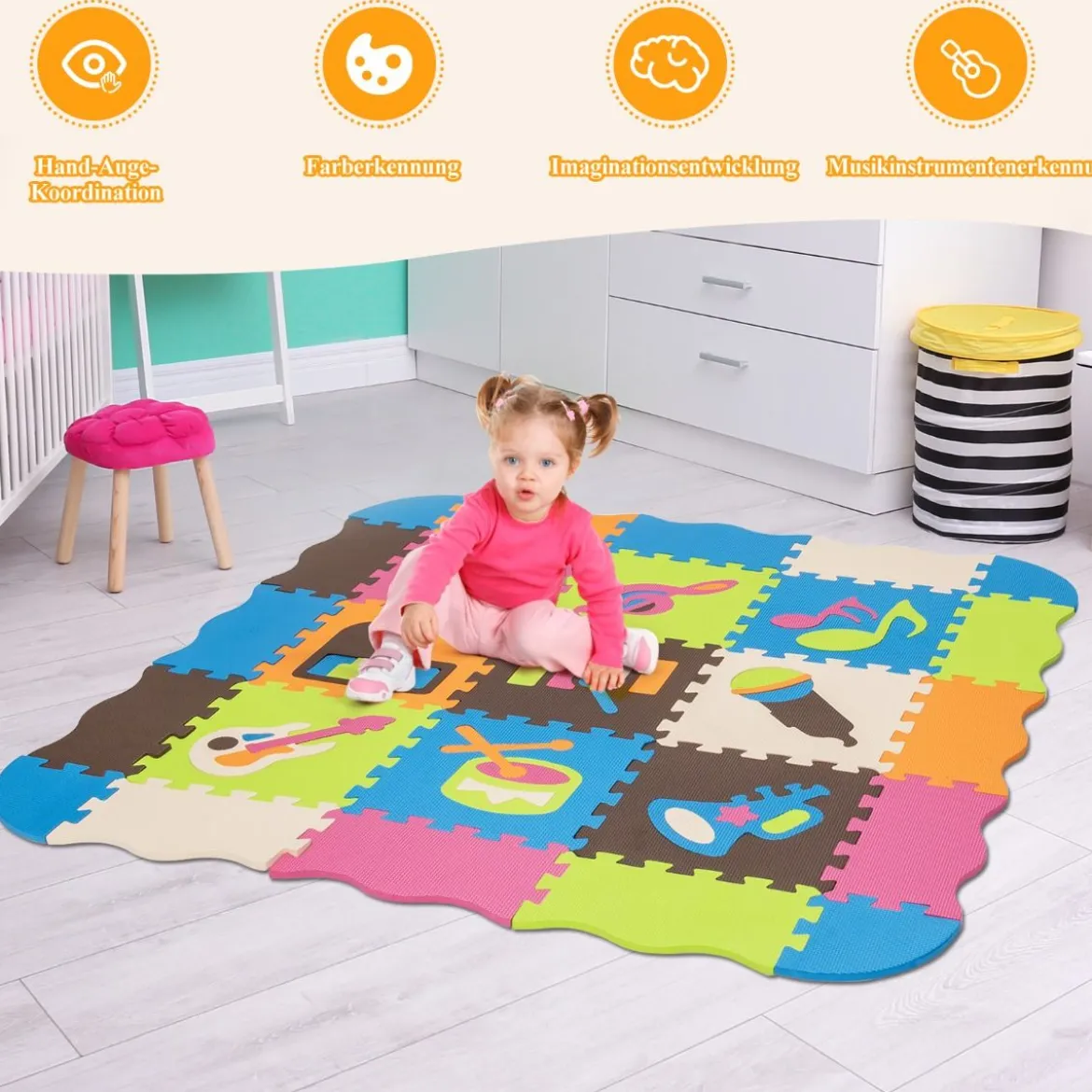 Puzzlematte 50 Stück mit Zaun Bodenspielmatte Kinderteppich für Baby 31,5 x 31,5 x 1 cm Bunt