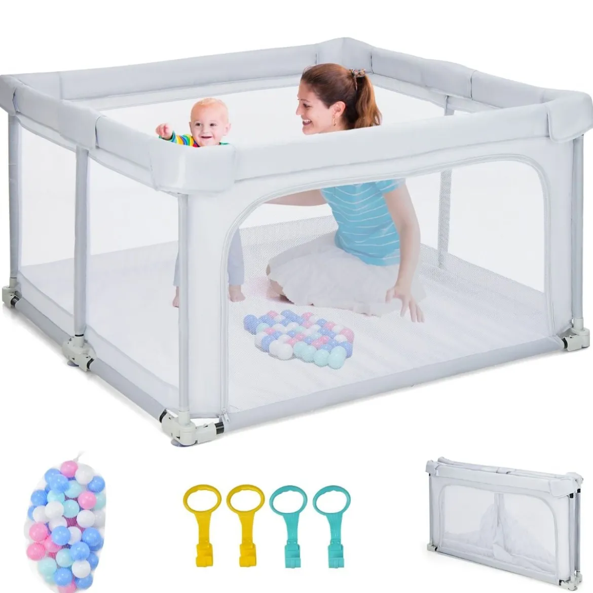 Quadratischer Baby-Laufstall 124 x 124 cm Großer Spielzaun Hellgrau