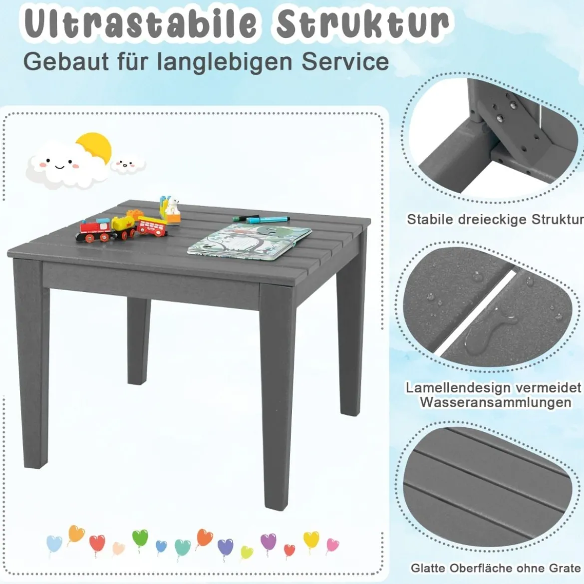 quadratischer Kindertisch wetterfester strapazierfähiger Spieltisch Grau 64,5 cm x 64,5 cm