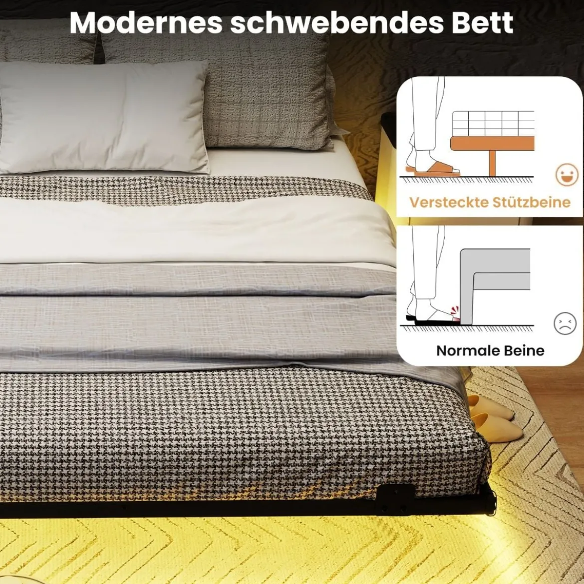 Queen Size Schwebebettgestell mit LED-Leuchten modernes Bettgestell aus Metall 160 x 200 cm