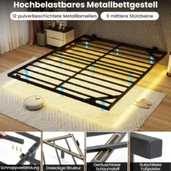 Queen Size Schwebebettgestell mit LED-Leuchten modernes Bettgestell aus Metall 160 x 200 cm