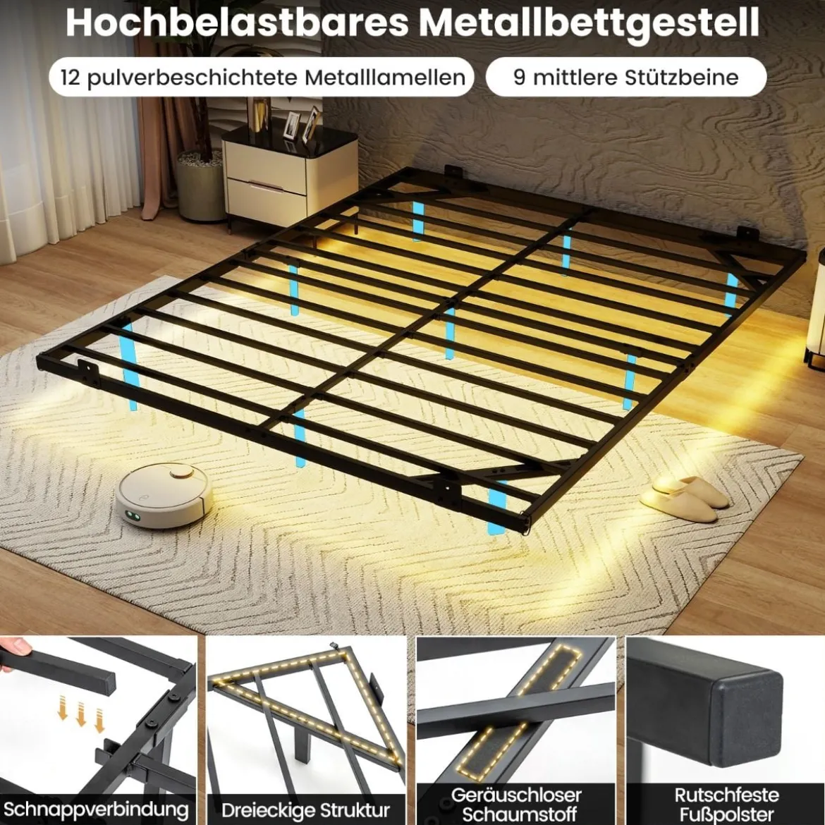 Queen Size Schwebebettgestell mit LED-Leuchten modernes Bettgestell aus Metall 160 x 200 cm
