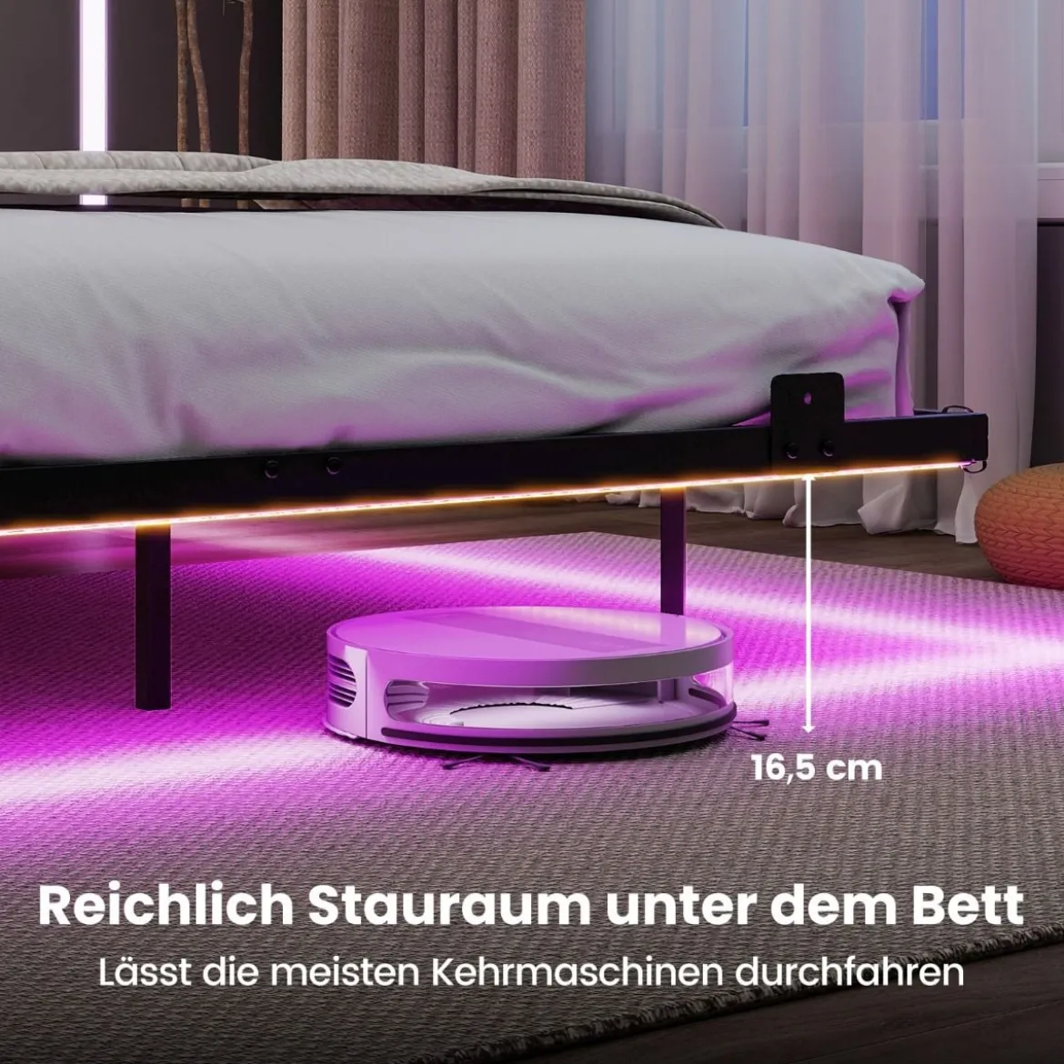 Queen Size Schwebebettgestell mit LED-Leuchten modernes Bettgestell aus Metall 160 x 200 cm