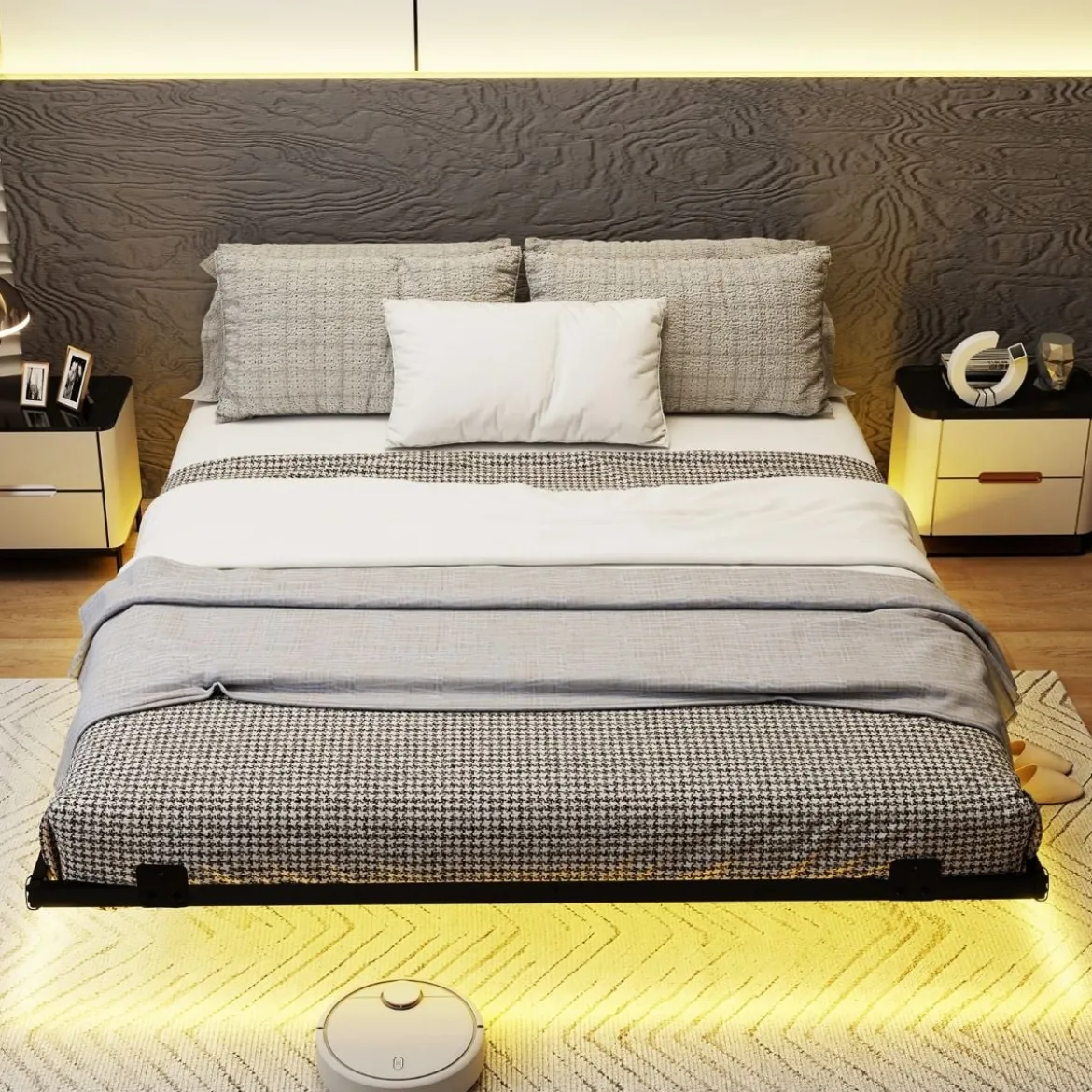Queen Size Schwebebettgestell mit LED-Leuchten modernes Bettgestell aus Metall 160 x 200 cm