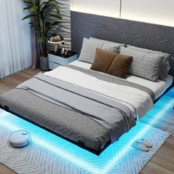 Queen Size Schwebebettgestell mit LED-Leuchten modernes Bettgestell aus Metall 160 x 200 cm