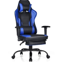 Racing Style Gaming Stuhl höhenverstellbarer Drehstuhl mit einziehbarer Fußstütze Schwarz + Blau