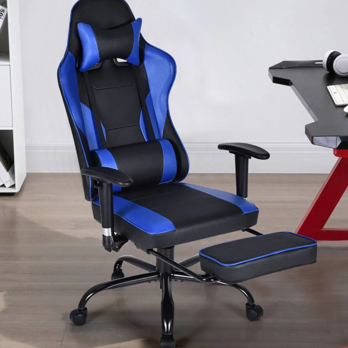 Racing Style Gaming Stuhl höhenverstellbarer Drehstuhl mit einziehbarer Fußstütze Schwarz + Blau