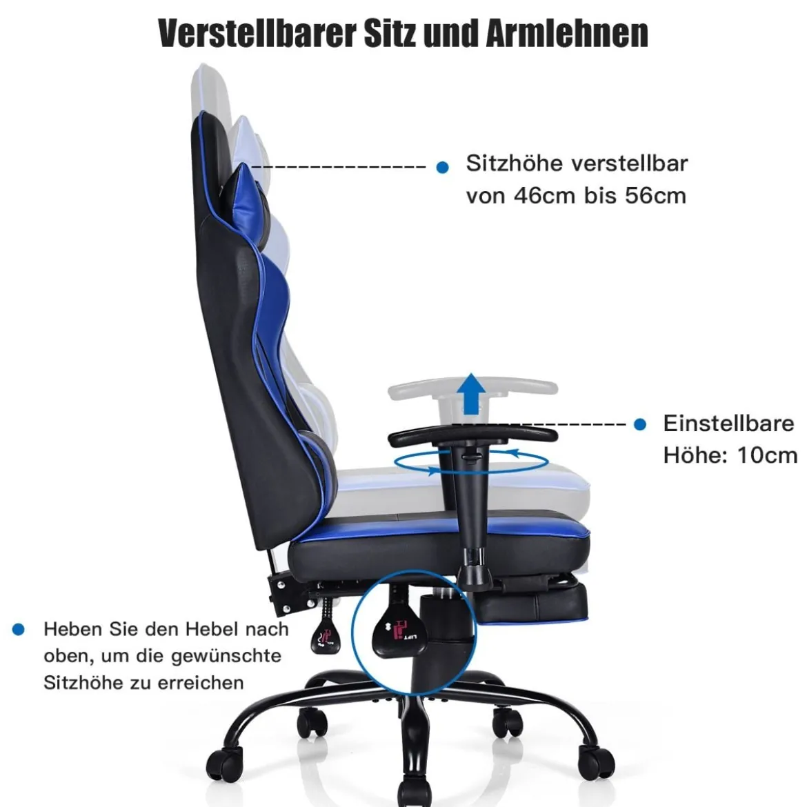 Racing Style Gaming Stuhl höhenverstellbarer Drehstuhl mit einziehbarer Fußstütze Schwarz + Blau