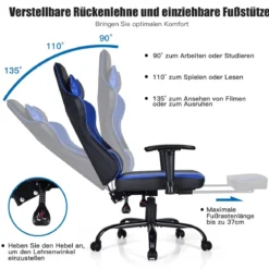 Racing Style Gaming Stuhl höhenverstellbarer Drehstuhl mit einziehbarer Fußstütze Schwarz + Blau