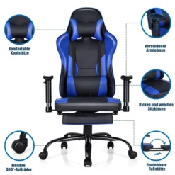 Racing Style Gaming Stuhl höhenverstellbarer Drehstuhl mit einziehbarer Fußstütze Schwarz + Blau