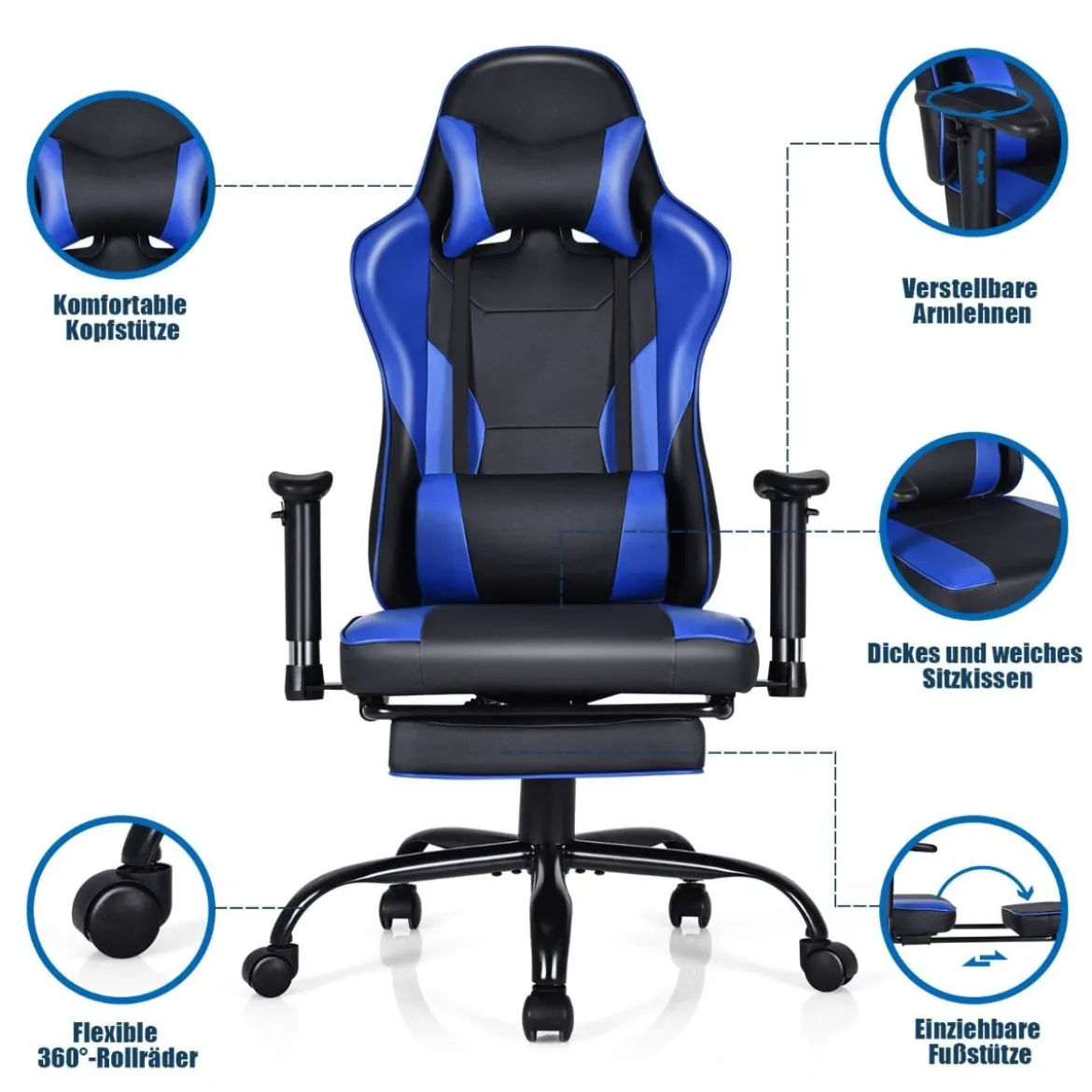 Racing Style Gaming Stuhl höhenverstellbarer Drehstuhl mit einziehbarer Fußstütze Schwarz + Blau