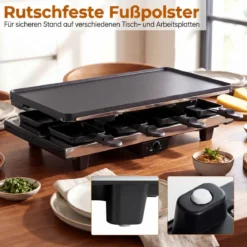 Raclette für 8 Personen Elektrischer Grill mit 2-in-1 Wendbarer Antihaft-Grillplatte 1400W
