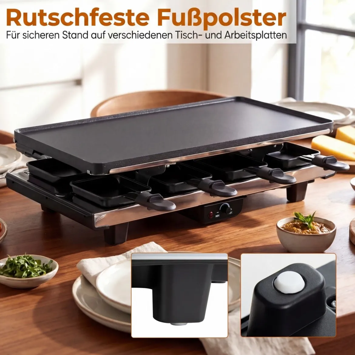 Raclette für 8 Personen Elektrischer Grill mit 2-in-1 Wendbarer Antihaft-Grillplatte 1400W