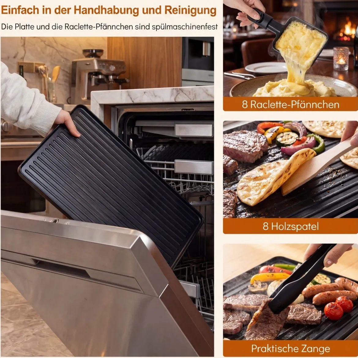 Raclette für 8 Personen Elektrischer Grill mit 2-in-1 Wendbarer Antihaft-Grillplatte 1400W