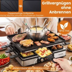 Raclette Grill mit Fondue 2200 W Elektrogrill für 8 Personnen mit Antihafter Grillplatte & 8 Pfannen