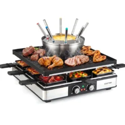 Raclette Grill mit Fondue 2200 W Elektrogrill für 8 Personnen mit Antihafter Grillplatte & 8 Pfannen