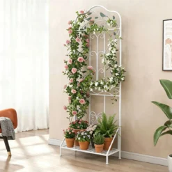 Rankgitter für Kletterpflanzen freistehendes Kletterblumenständer aus Metall mit klappbarem Regal Weiß