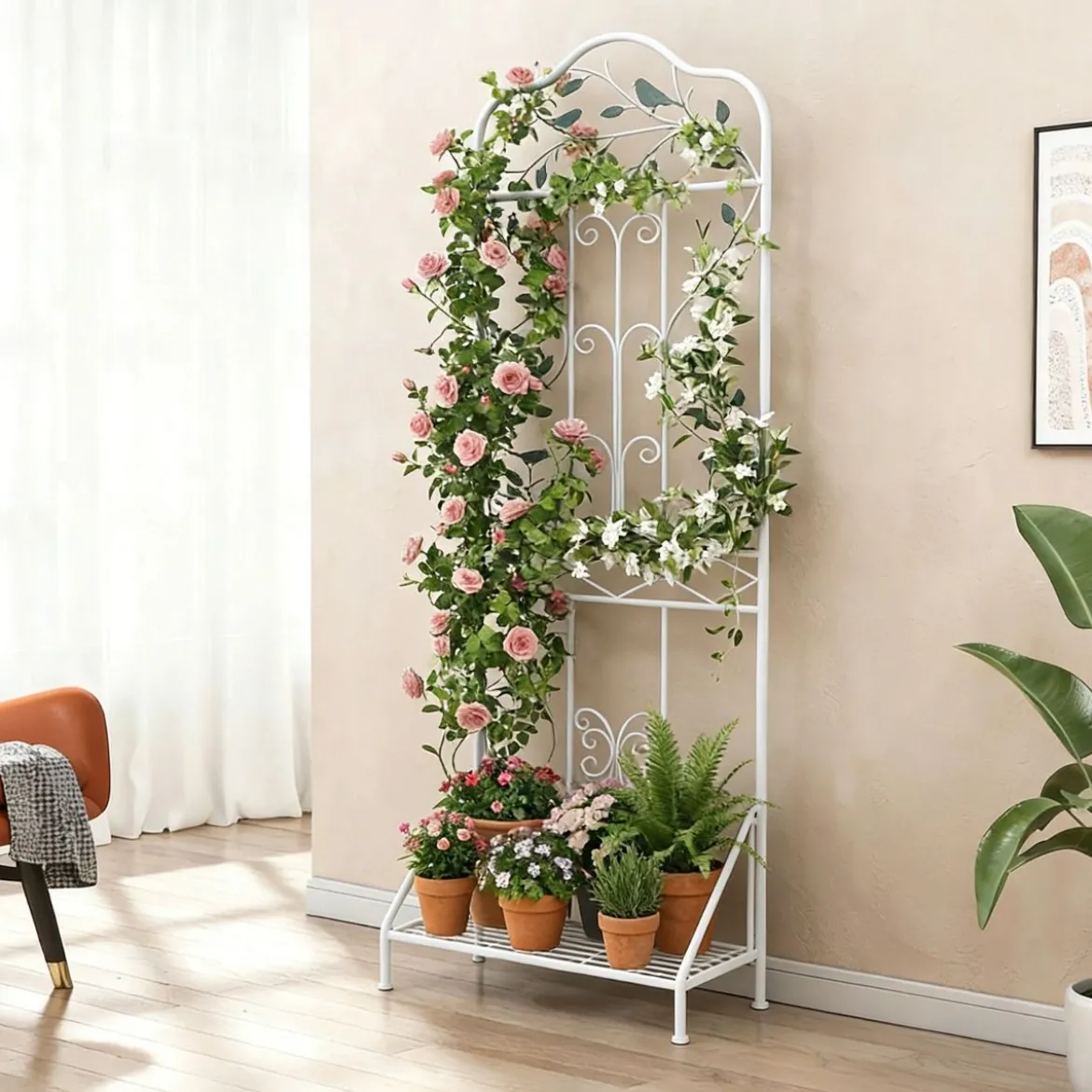 Rankgitter für Kletterpflanzen freistehendes Kletterblumenständer aus Metall mit klappbarem Regal Weiß