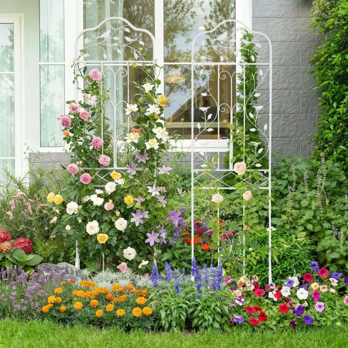 Rankgitter für Kletterpflanzen freistehendes Kletterblumenständer aus Metall mit klappbarem Regal Weiß
