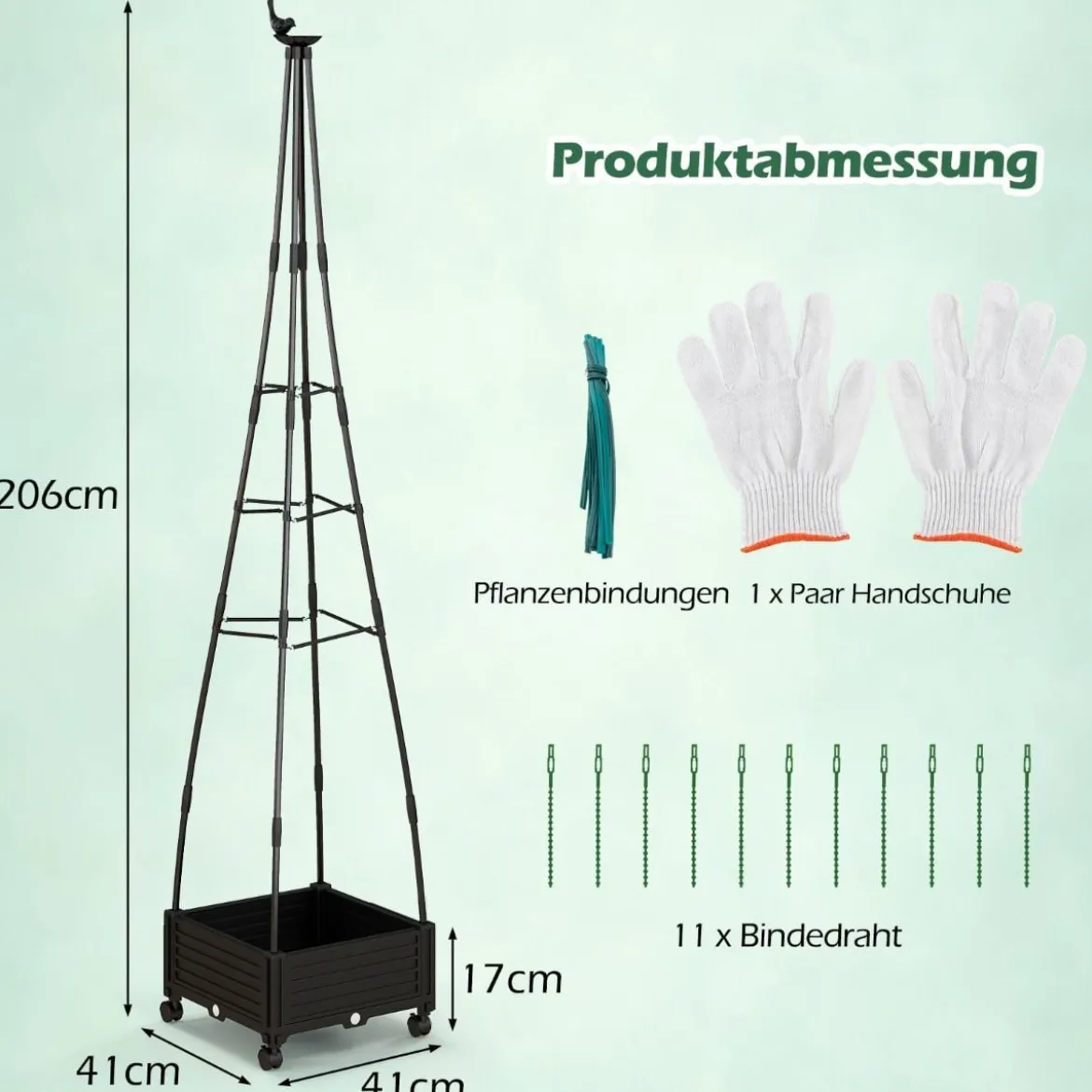 Rankhilfe mit Blumenkasten auf Rollen Garten Obelisk aus beschichtetes Metall & PP 41 x 41 x 206 cm Schwarz