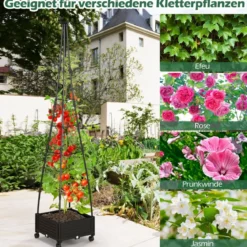 Rankhilfe mit Blumenkasten auf Rollen Garten Obelisk aus beschichtetes Metall & PP 41 x 41 x 206 cm Schwarz