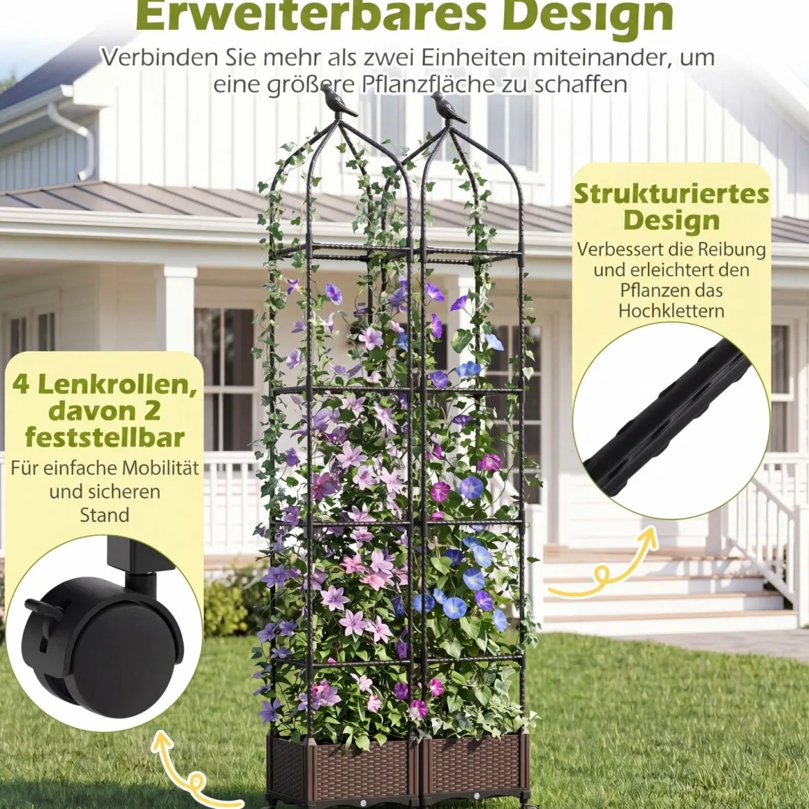 Rankhilfe mit Blumenkasten auf Rollen Höhenverstellbar Garten Obelisk aus Beschichtetes Metall & PP