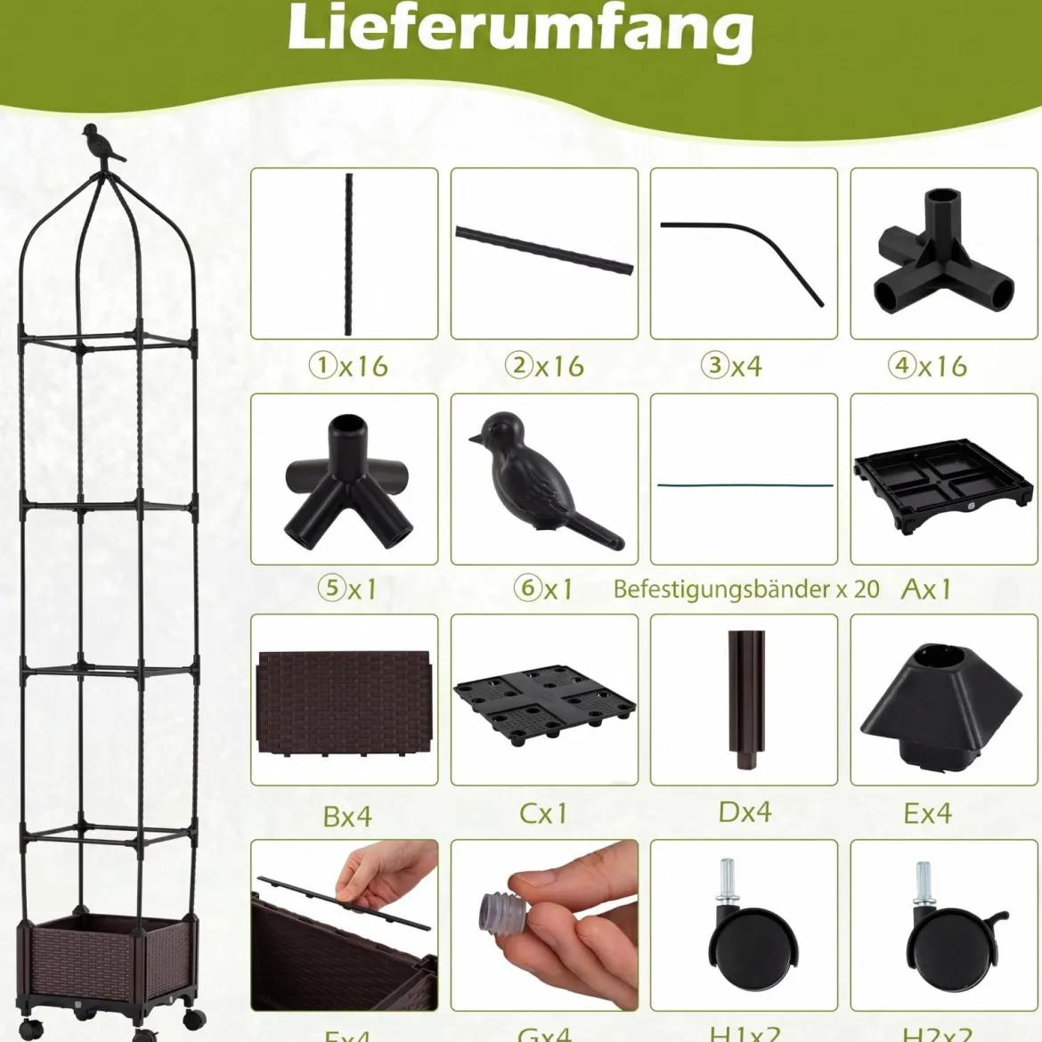 Rankhilfe mit Blumenkasten auf Rollen Höhenverstellbar Garten Obelisk aus Beschichtetes Metall & PP