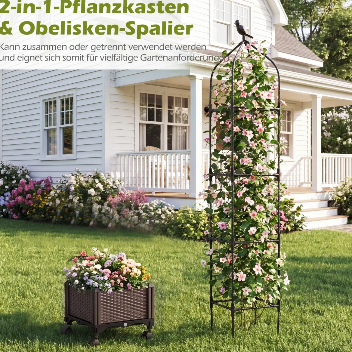 Rankhilfe mit Blumenkasten auf Rollen Höhenverstellbar Garten Obelisk aus Beschichtetes Metall & PP
