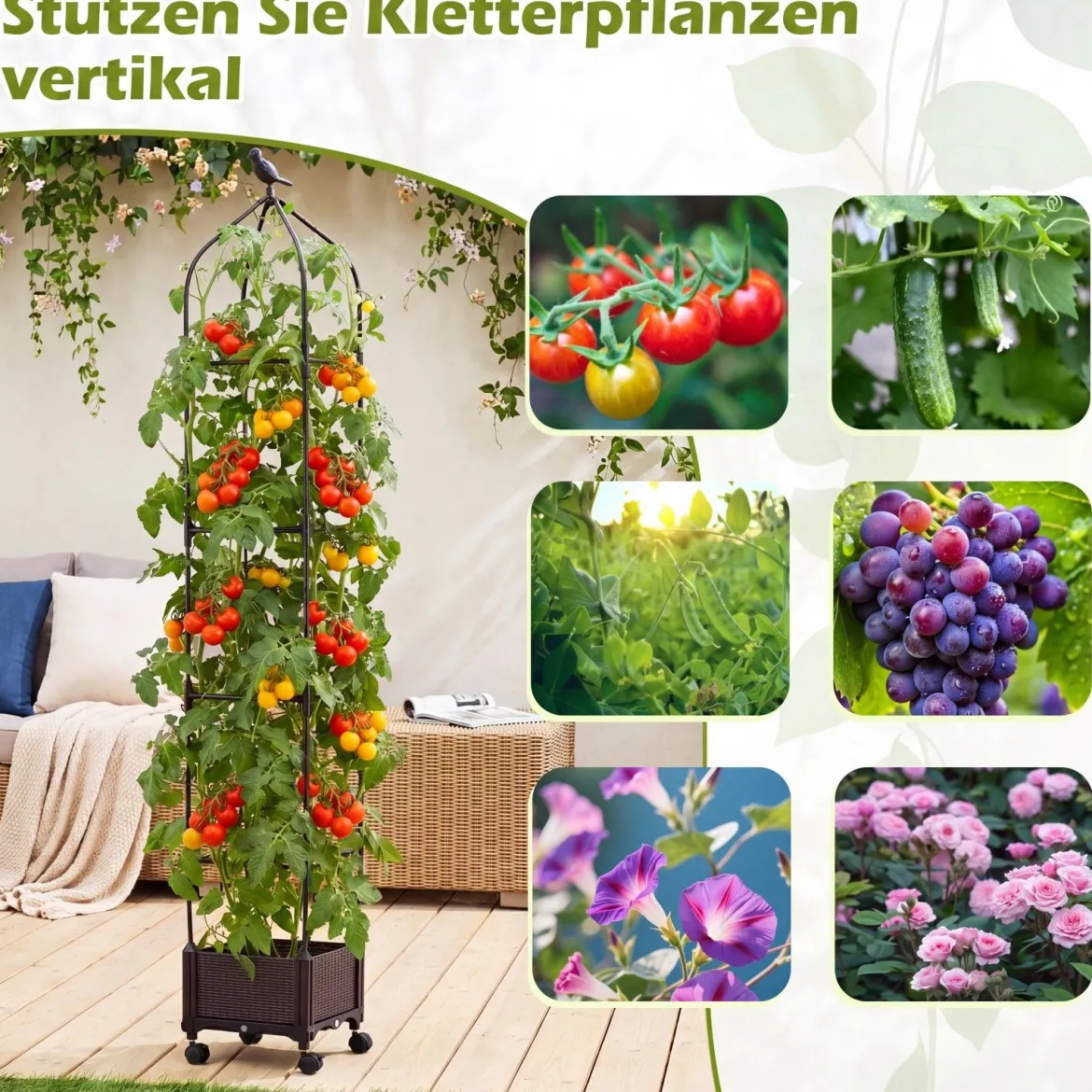 Rankhilfe mit Blumenkasten auf Rollen Höhenverstellbar Garten Obelisk aus Beschichtetes Metall & PP