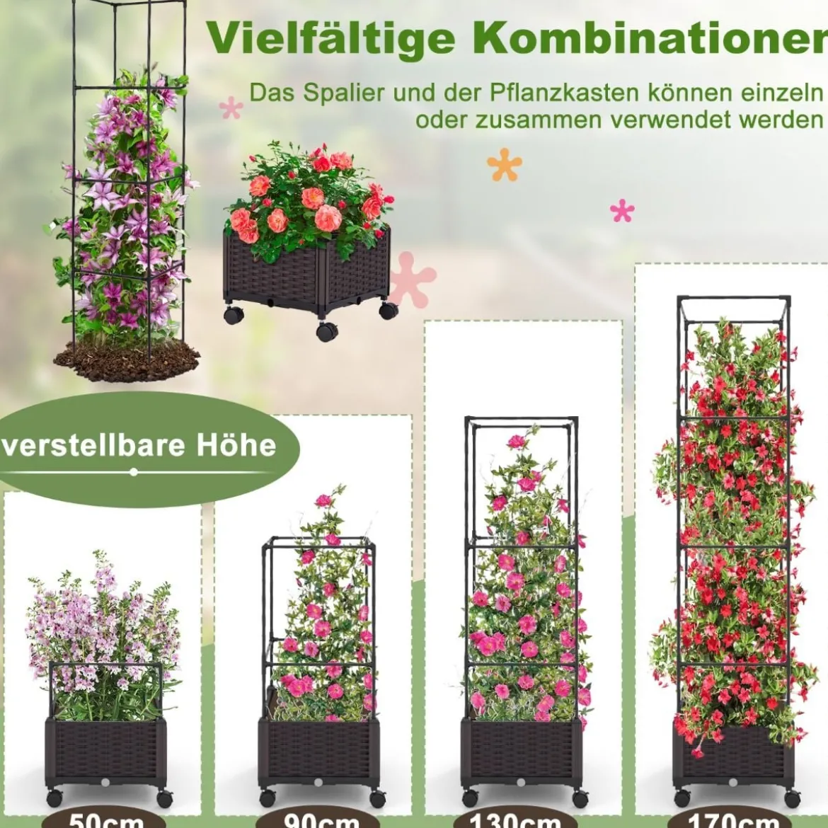 Rankhilfe mit Blumenkasten auf Rollen Höhenverstellbarer Garten Obelisk 40 x 40 x 170 cm
