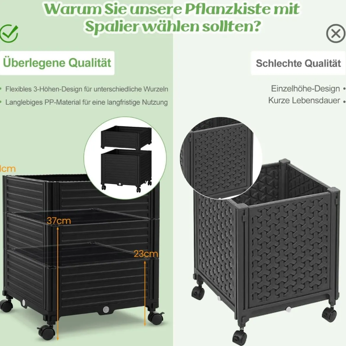 Rankhilfe mit Blumenkasten auf Rollen beschichtetes Metall & PP höhenverstellbar 42 x 42 x 219 cm Schwarz