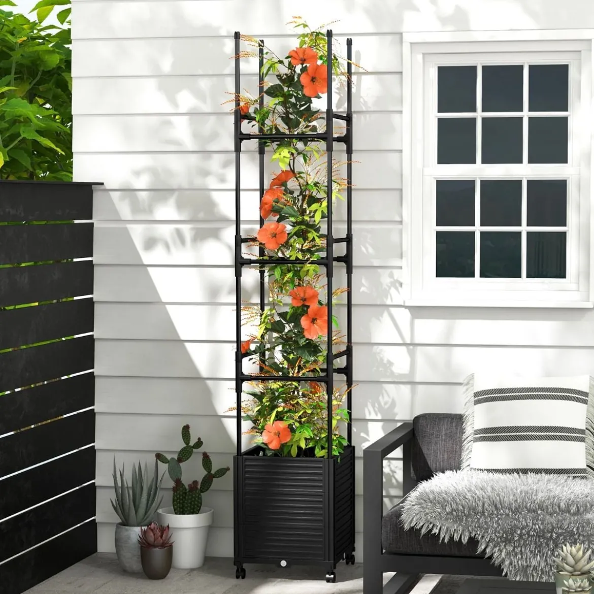 Rankhilfe mit Blumenkasten auf Rollen beschichtetes Metall & PP höhenverstellbar 42 x 42 x 219 cm Schwarz