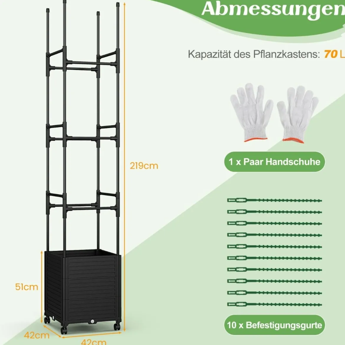 Rankhilfe mit Blumenkasten auf Rollen beschichtetes Metall & PP höhenverstellbar 42 x 42 x 219 cm Schwarz