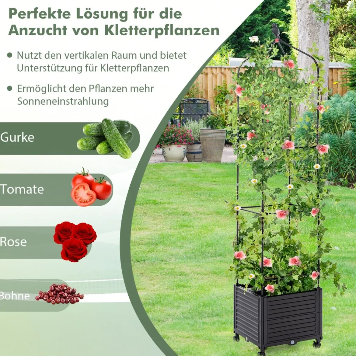 Rankhilfe mit Blumenkasten & Selbstbewässerung auf Rollen Garten Obelisk Tomatenturm