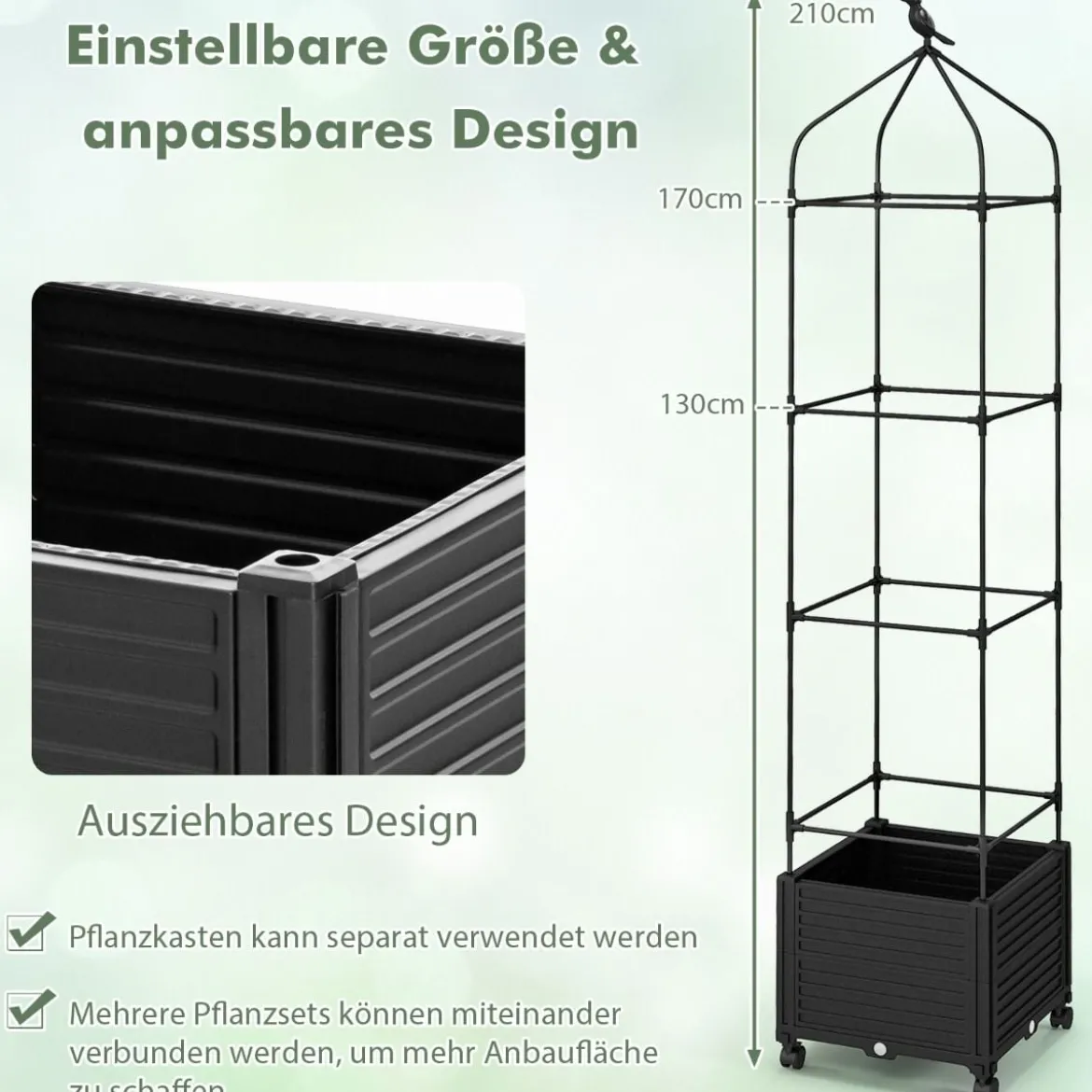 Rankhilfe mit Blumenkasten & Selbstbewässerung auf Rollen Garten Obelisk Tomatenturm
