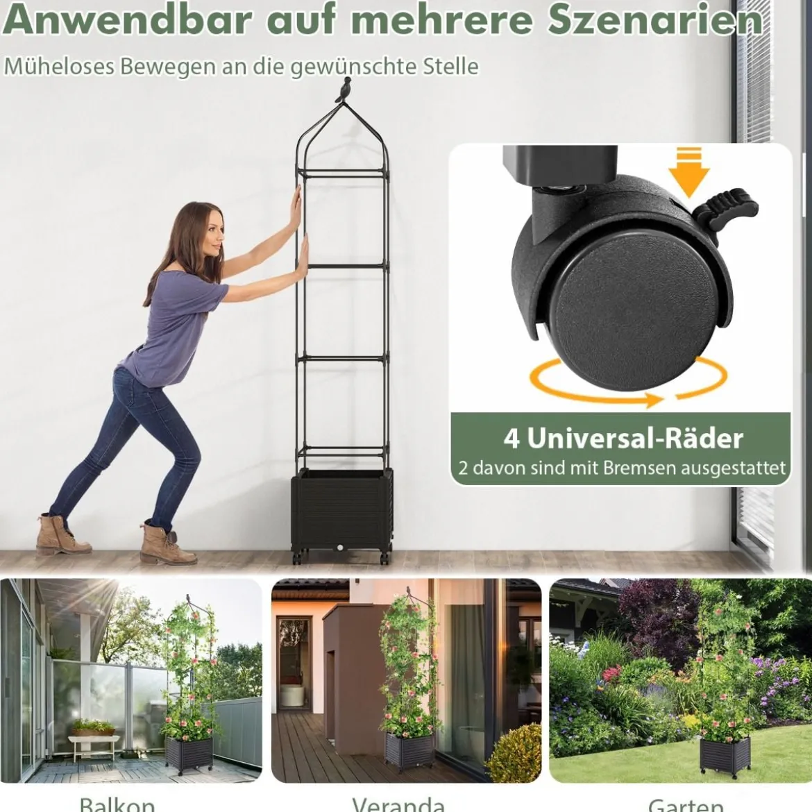 Rankhilfe mit Blumenkasten & Selbstbewässerung auf Rollen Garten Obelisk Tomatenturm